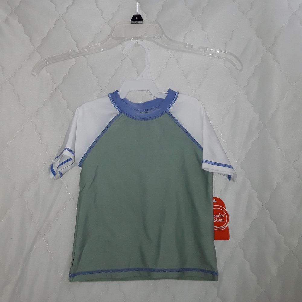 wonder nation Green and White Boys' Short Sleeve Swim Shirt